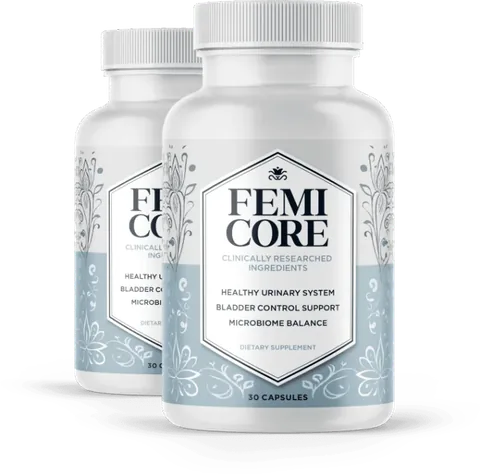 Two bottles of FemiCore bladder control and urinary health supplement, 30 capsules each