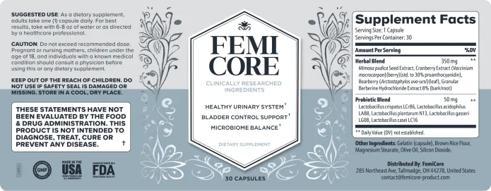 FemiCore Supplement Facts label showing the 350 mg herbal blend and 50 mg probiotic blend