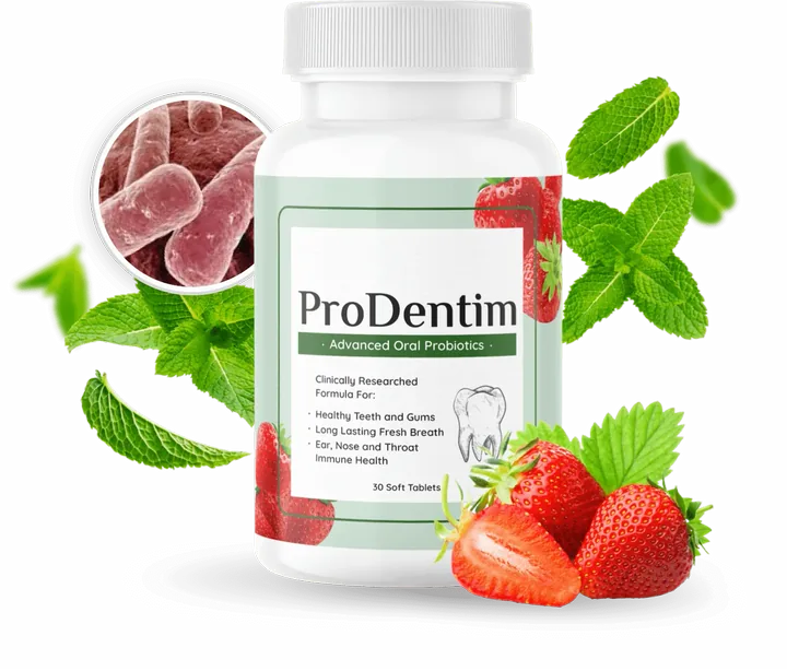 ProDentim Advanced Oral Probiotics bottle, 30 soft tablets, with mint leaves and strawberries