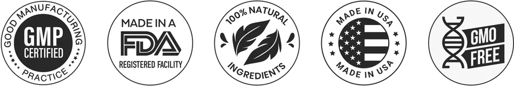 ProDentim quality badges: GMP certified, made in an FDA-registered facility, natural, non-GMO, gluten-free