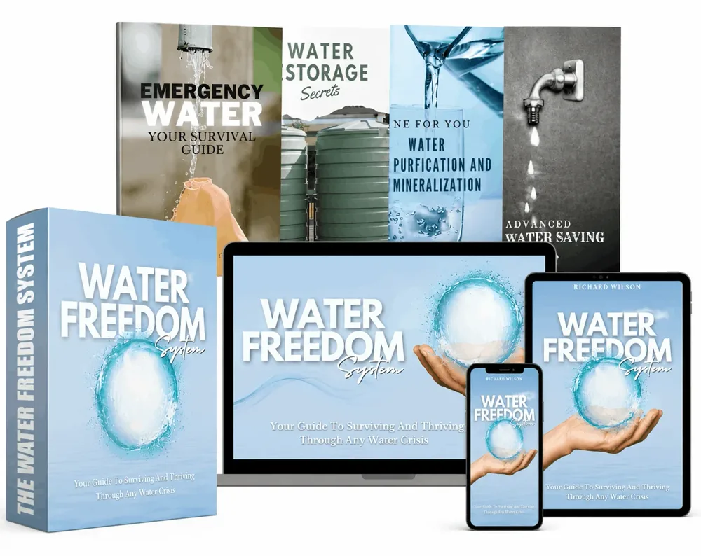 Water Freedom System package: the main guide shown on laptop, tablet and phone with four bonus water guides