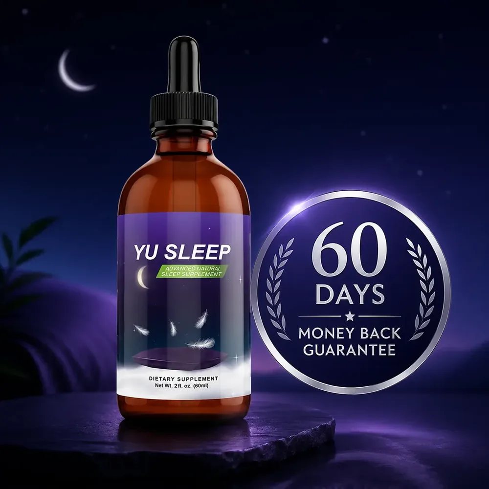 Yu Sleep liquid sleep supplement dropper bottle with 60-day money-back guarantee seal