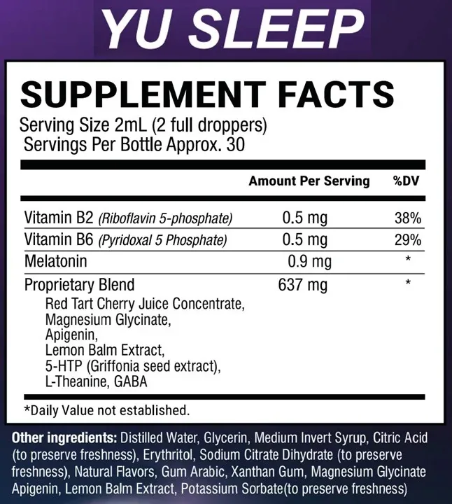 Yu Sleep Supplement Facts label: 2 mL serving with melatonin 0.9 mg, magnesium, GABA, L-theanine, 5-HTP and botanicals